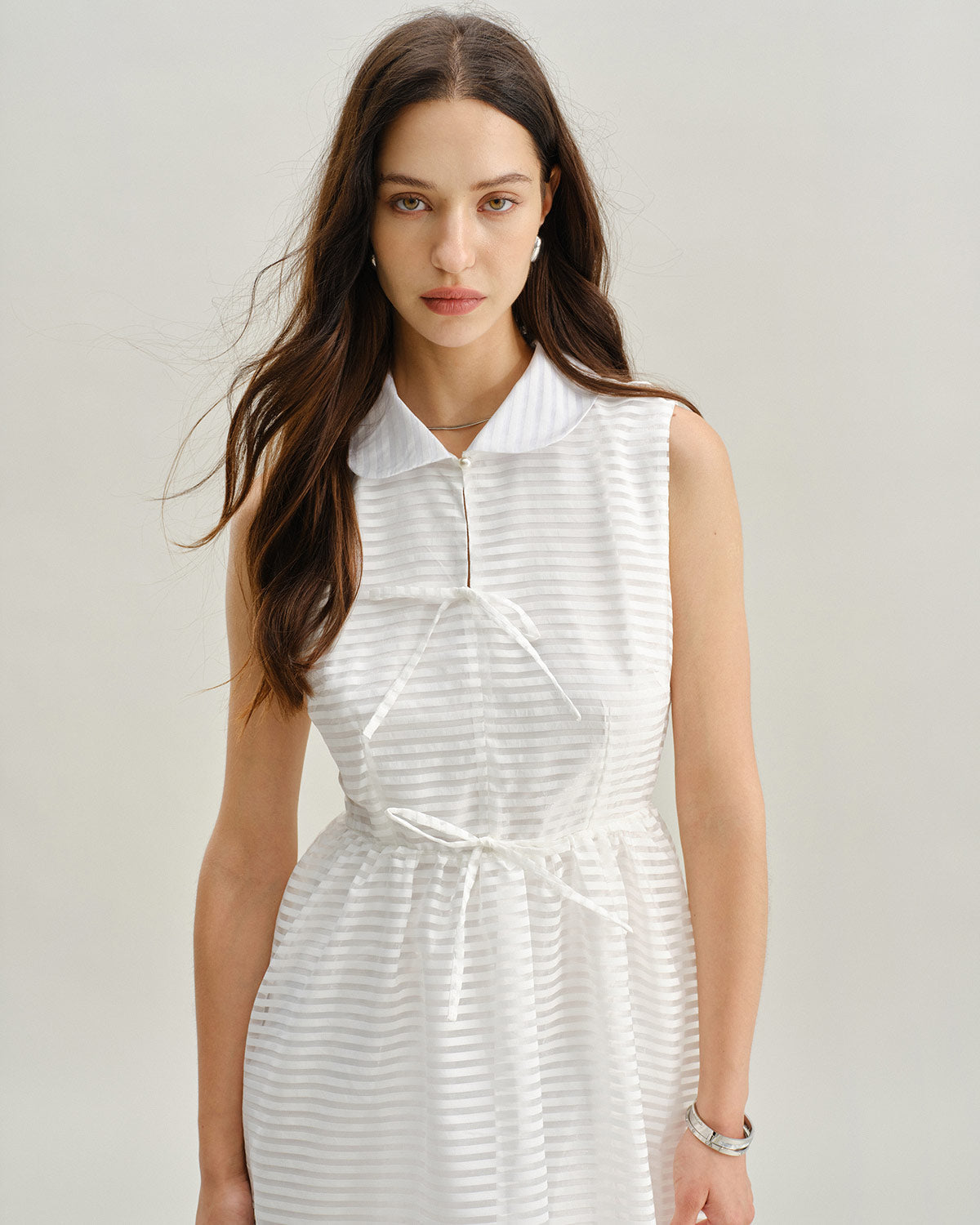 Striped White Sleeveless Midi Dress