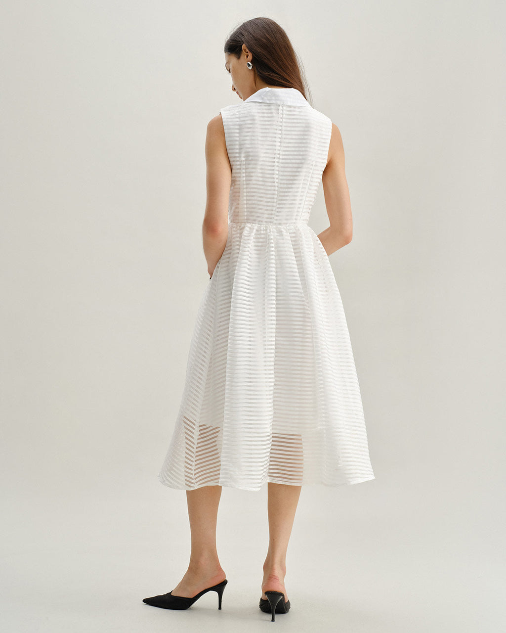 Striped White Sleeveless Midi Dress