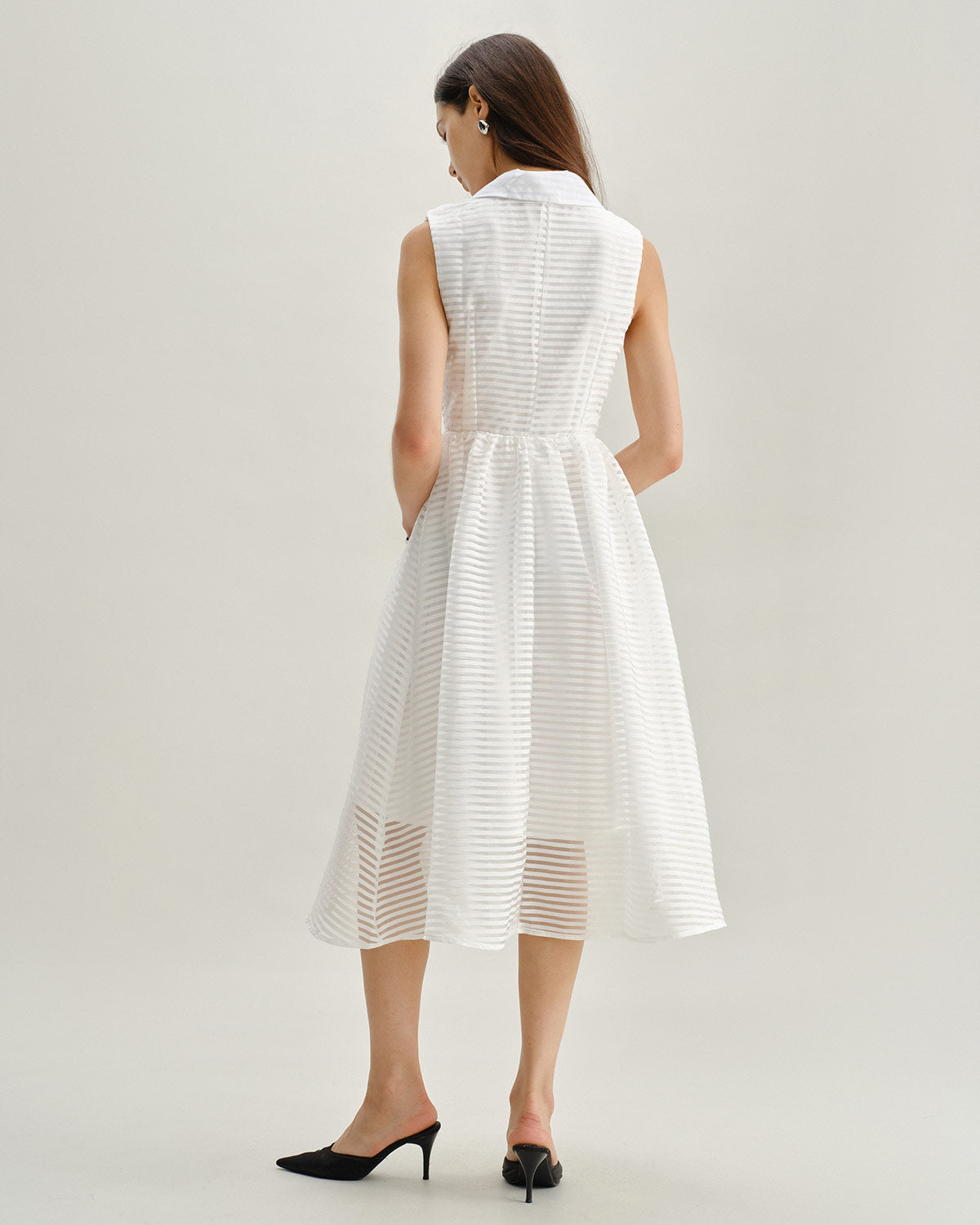Striped White Sleeveless Midi Dress