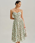 Pleated Midi Dress with Sweetheart Neckline in Green Floral Print