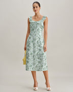 Floral Green Ruched Midi Dress with Square Neck