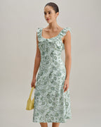 Floral Green Ruched Midi Dress with Square Neck