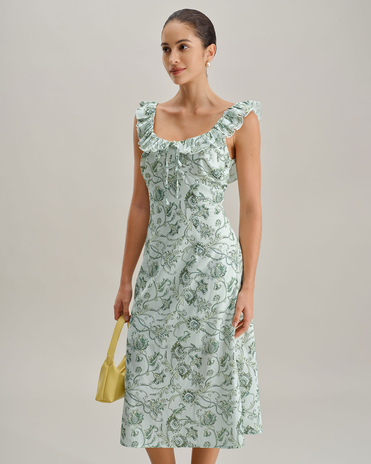 Floral Green Ruched Midi Dress with Square Neck