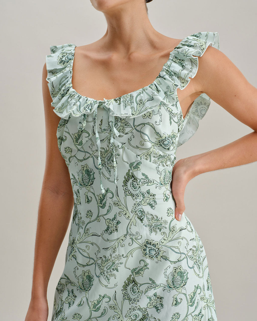 Floral Green Ruched Midi Dress with Square Neck