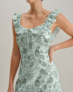 Floral Green Ruched Midi Dress with Square Neck
