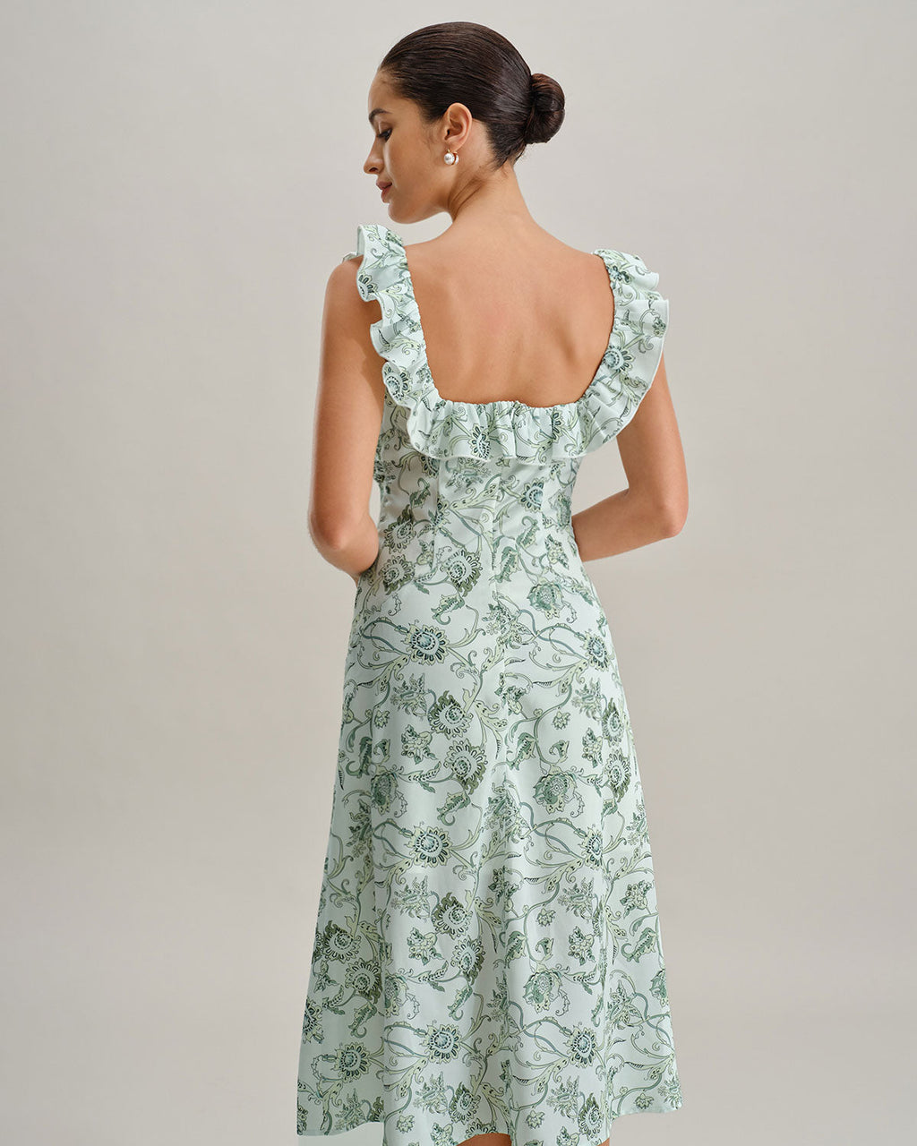 Floral Green Ruched Midi Dress with Square Neck