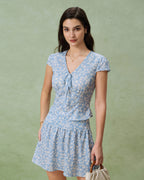 V-Neck Blouse with Blue Floral Print