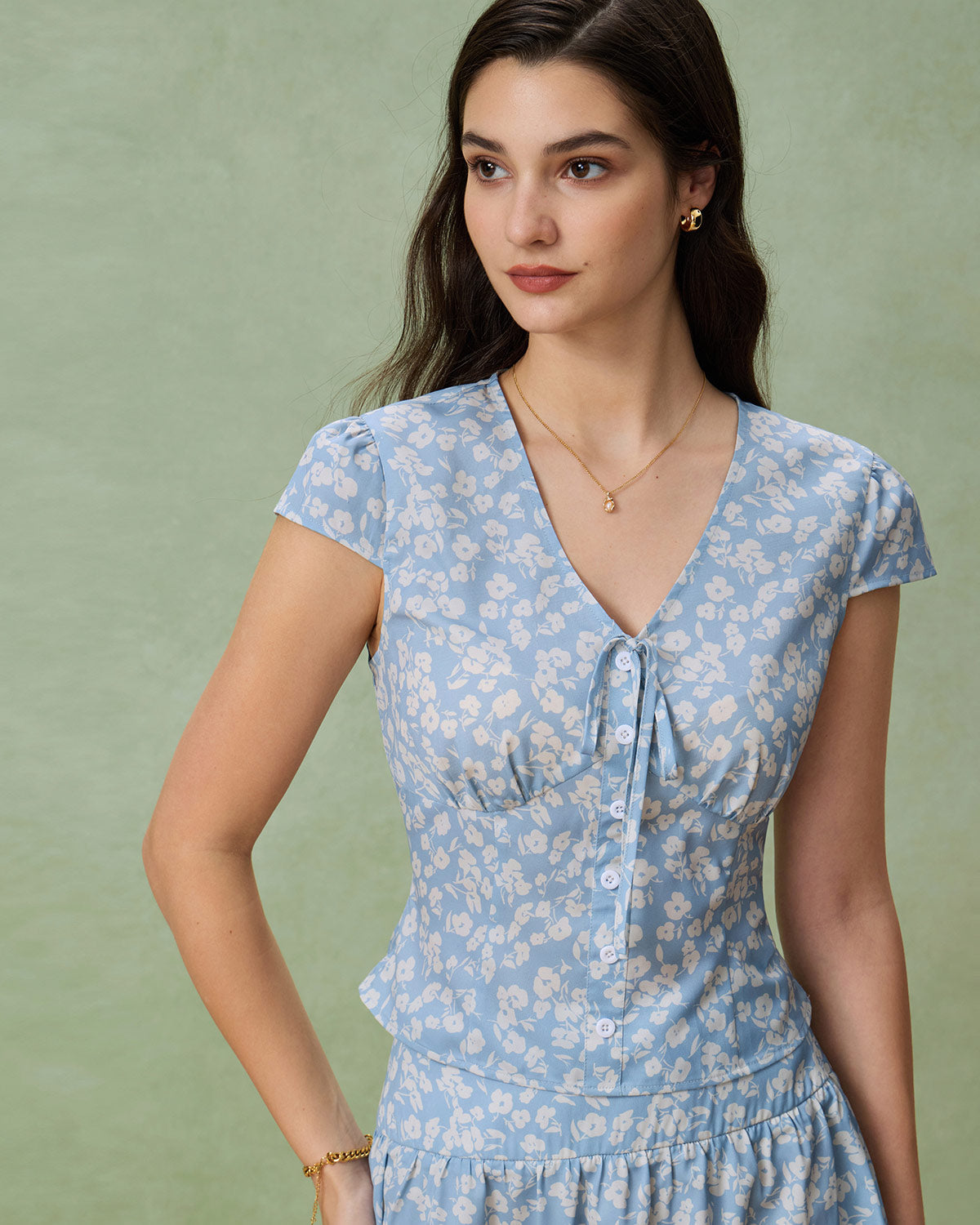 V-Neck Blouse with Blue Floral Print