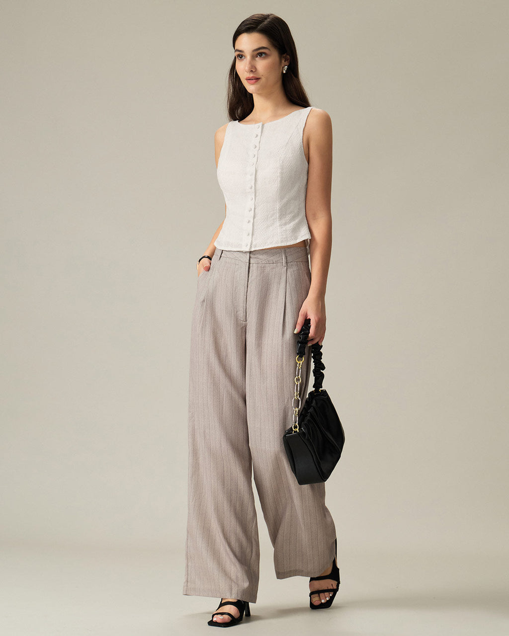 Textured White Boat Neck Button-Up Vest