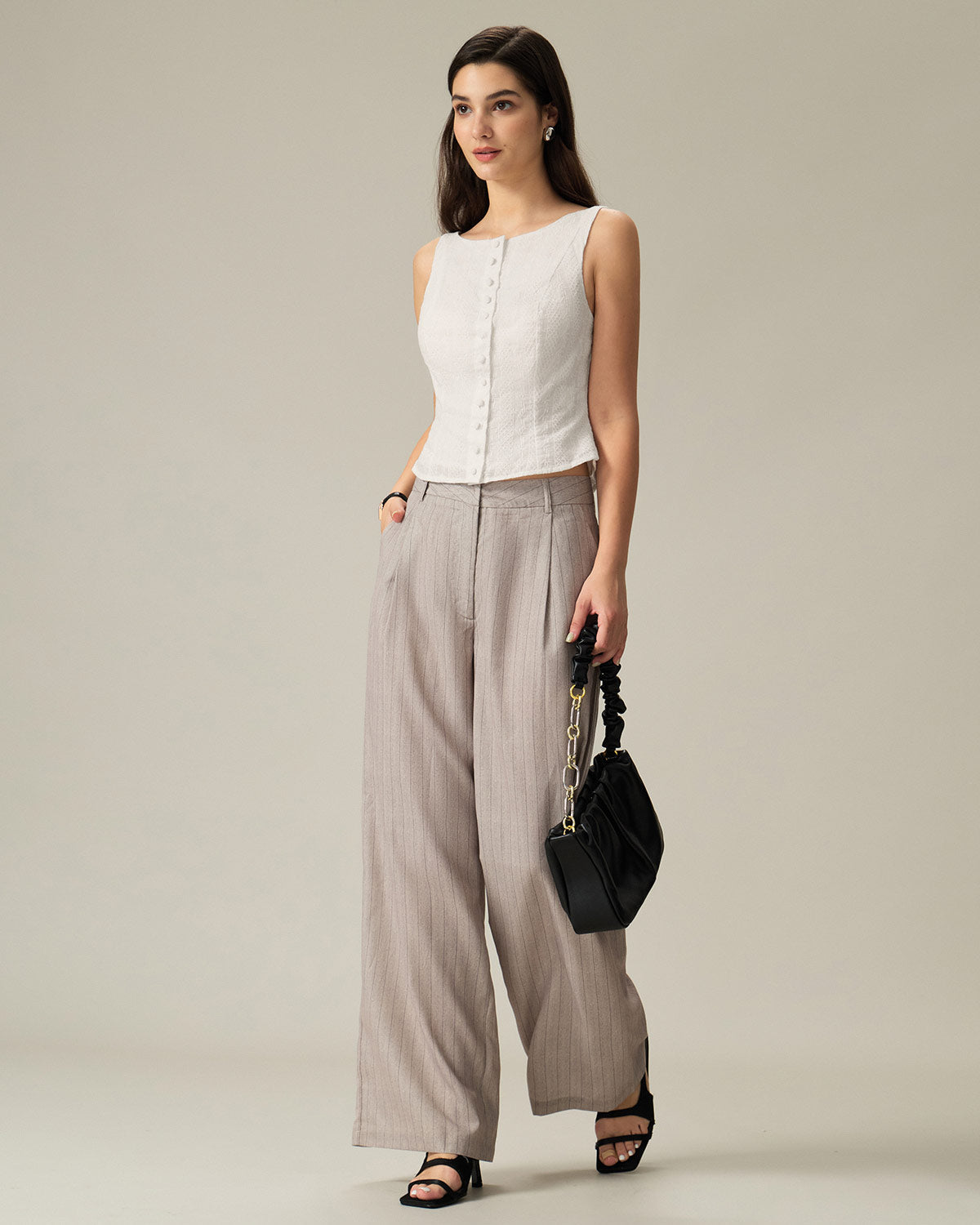 Textured White Boat Neck Button-Up Vest