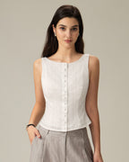 Textured White Boat Neck Button-Up Vest