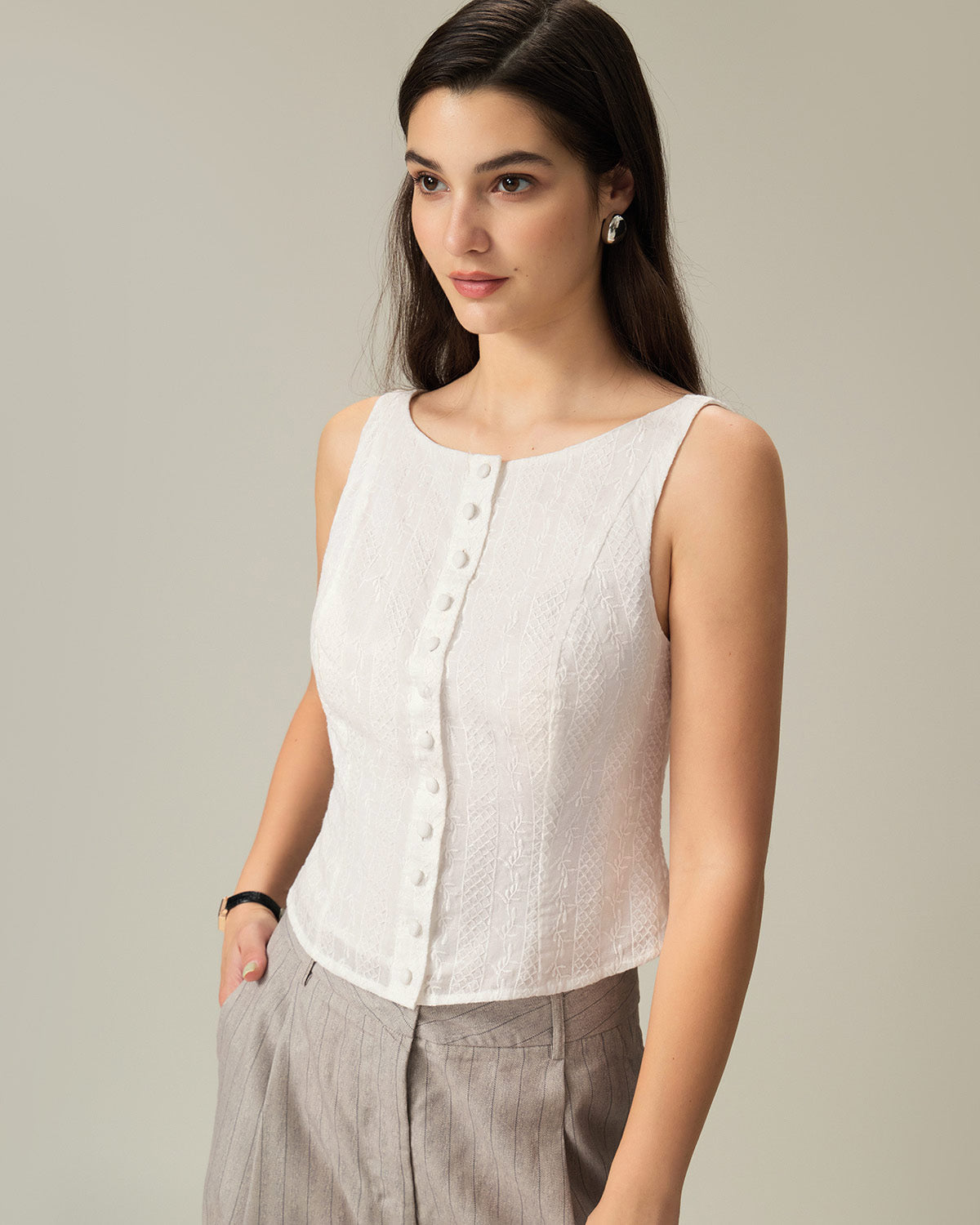 Textured White Boat Neck Button-Up Vest
