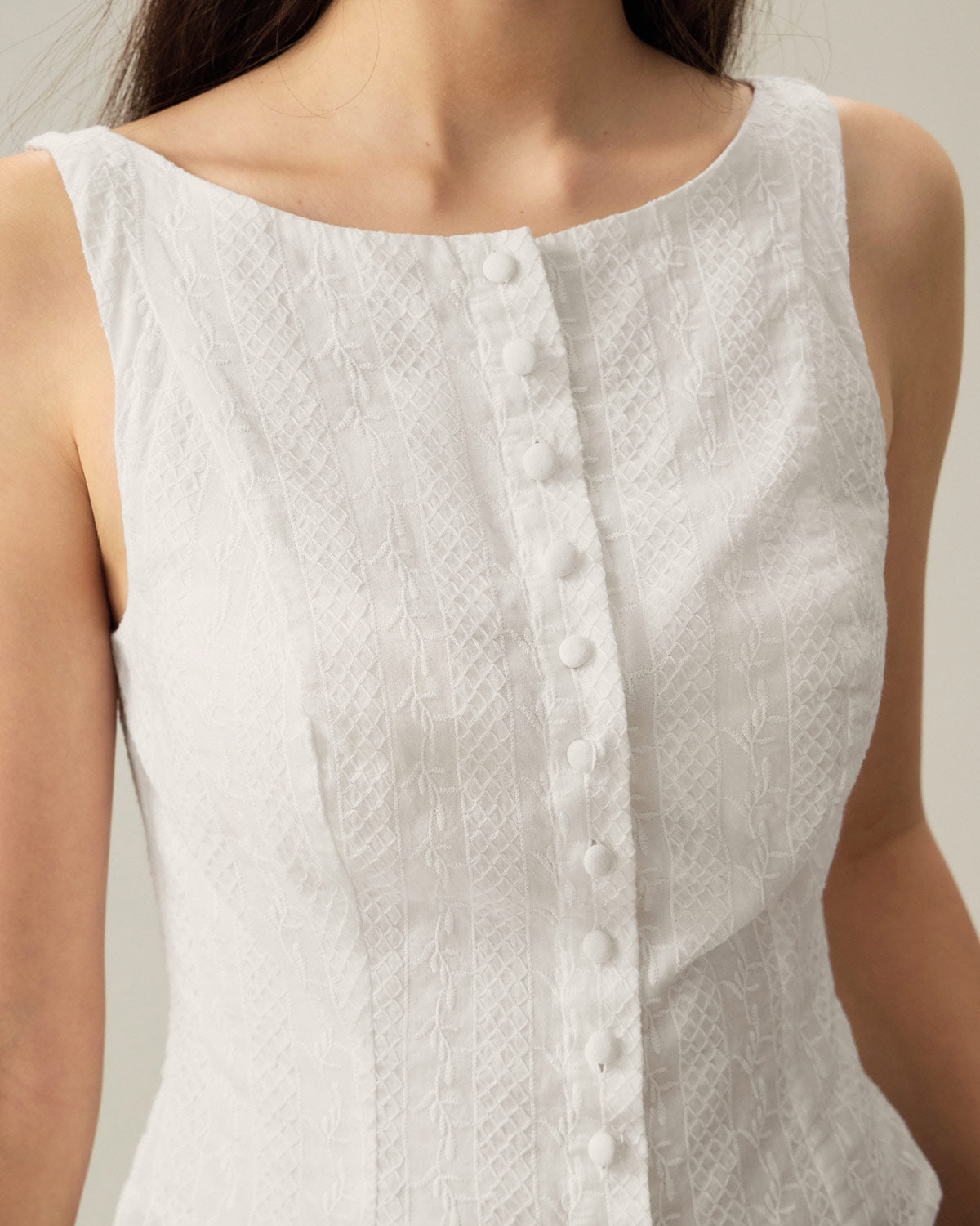 Textured White Boat Neck Button-Up Vest