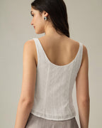 Textured White Boat Neck Button-Up Vest
