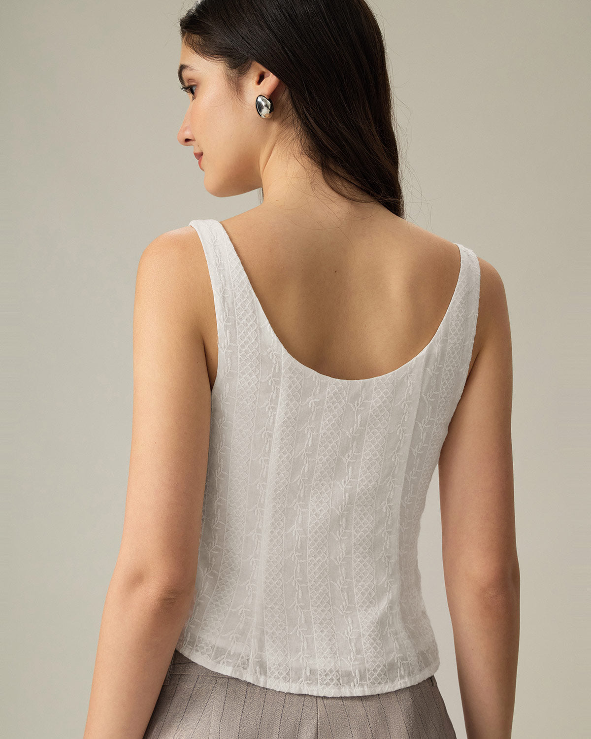 Textured White Boat Neck Button-Up Vest