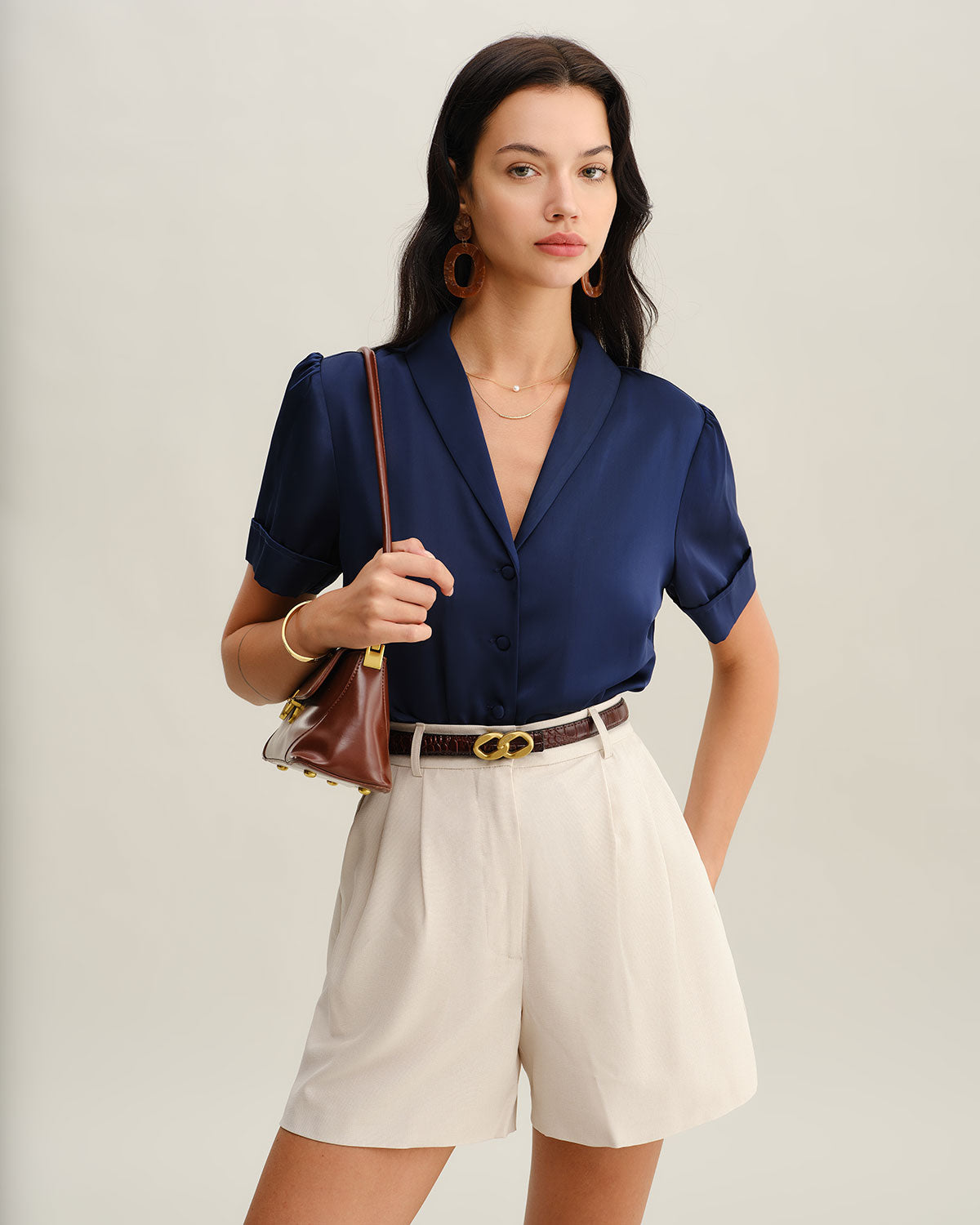 Navy Satin Button-Up Top