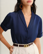 Navy Satin Button-Up Top
