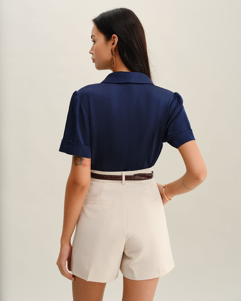 Navy Satin Button-Up Top