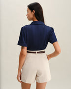 Navy Satin Button-Up Top
