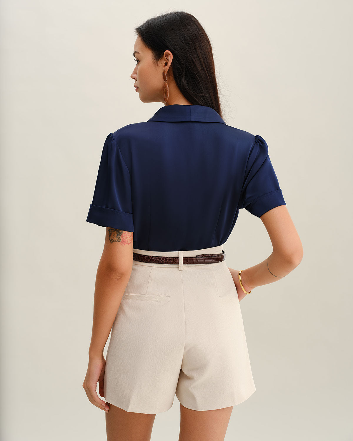 Navy Satin Button-Up Top