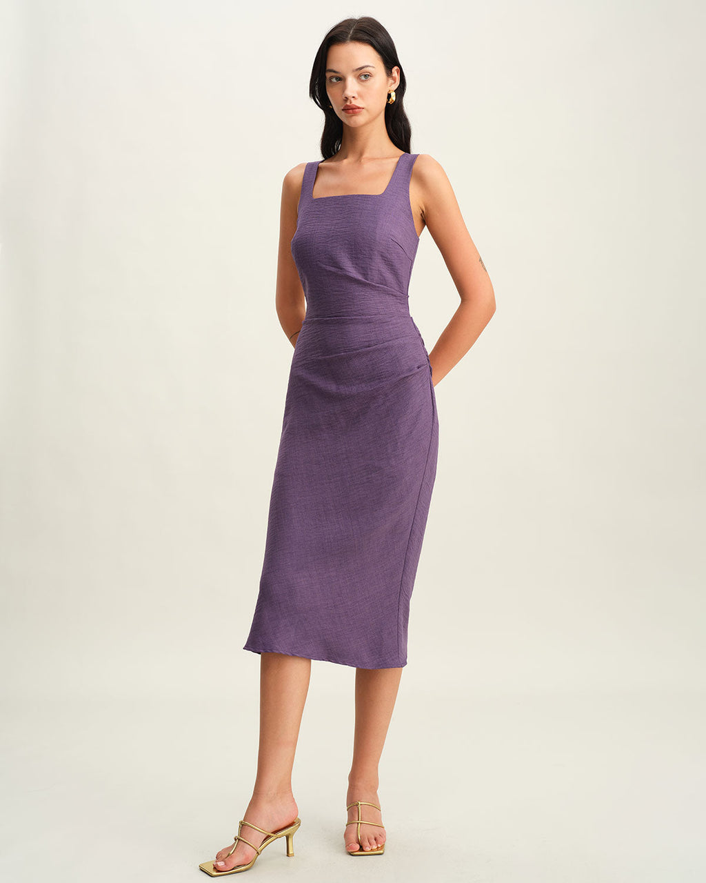 Purple Midi Dress with Square Neck and Slip Design
