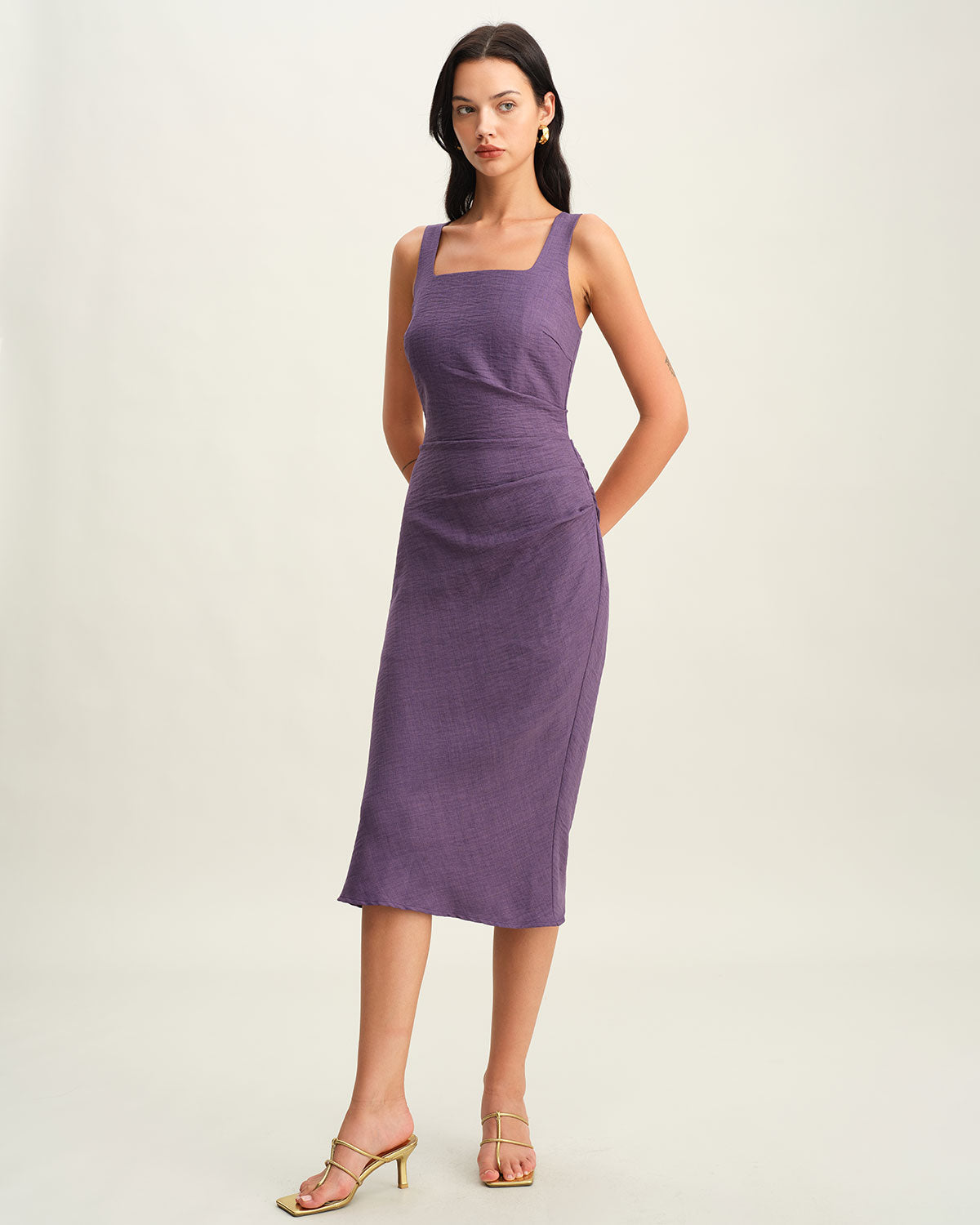 Purple Midi Dress with Square Neck and Slip Design