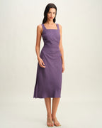 Purple Midi Dress with Square Neck and Slip Design