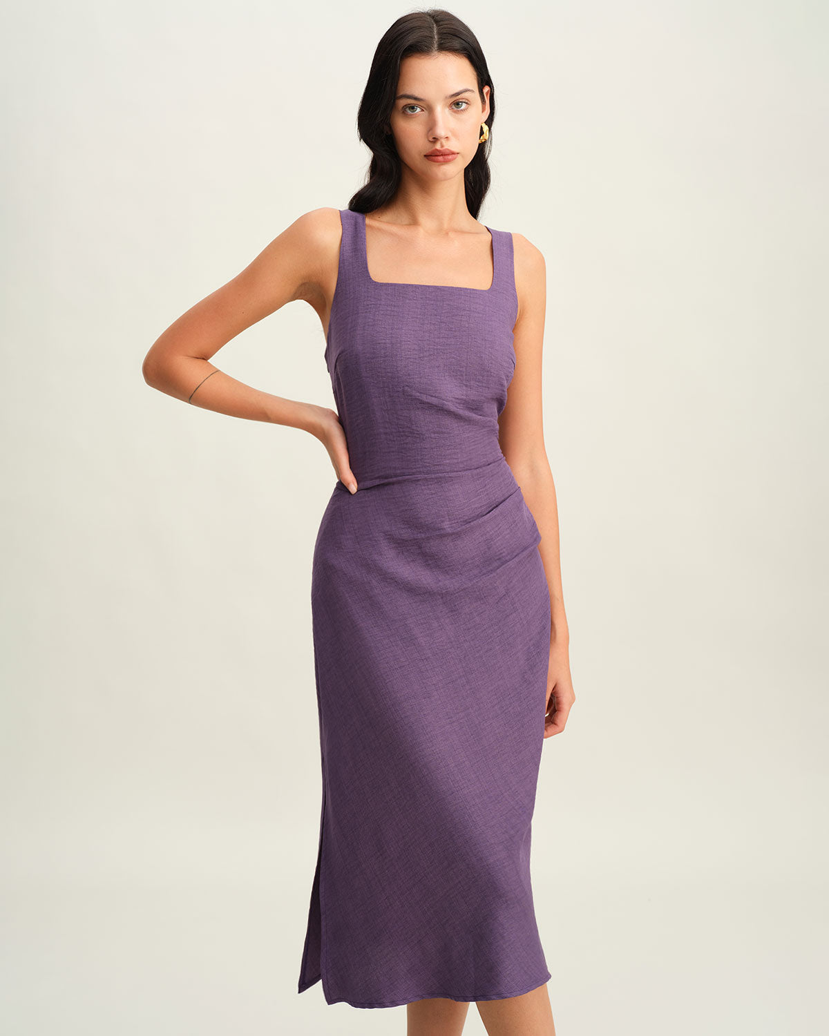 Purple Midi Dress with Square Neck and Slip Design
