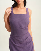 Purple Midi Dress with Square Neck and Slip Design