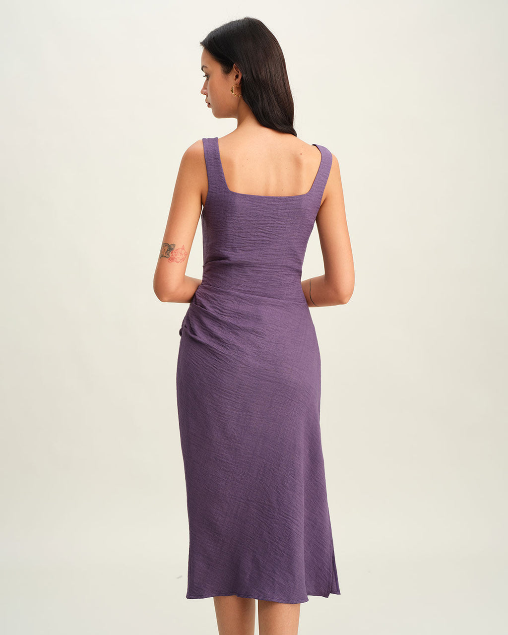 Purple Midi Dress with Square Neck and Slip Design