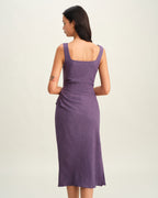 Purple Midi Dress with Square Neck and Slip Design