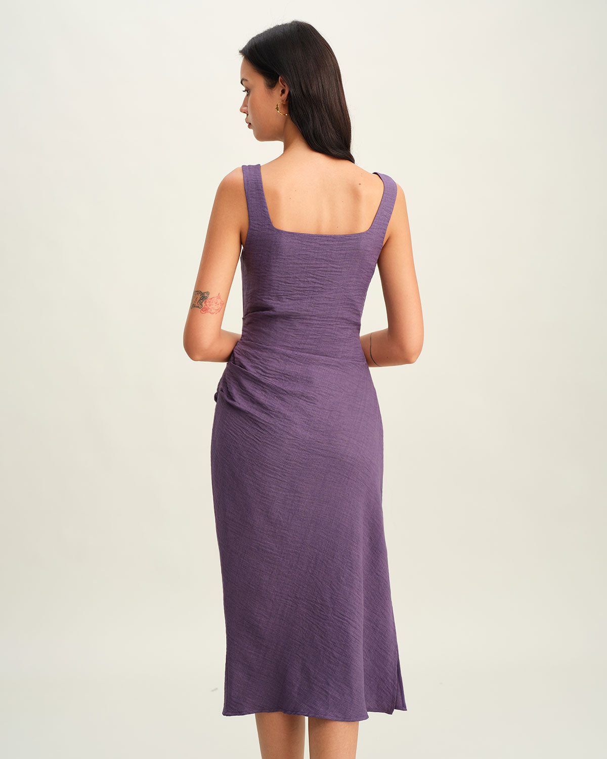 Purple Midi Dress with Square Neck and Slip Design