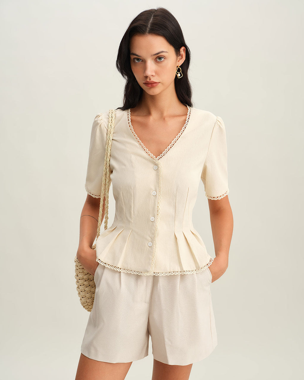 Beige Pleated Button-Up Blouse with V-Neck