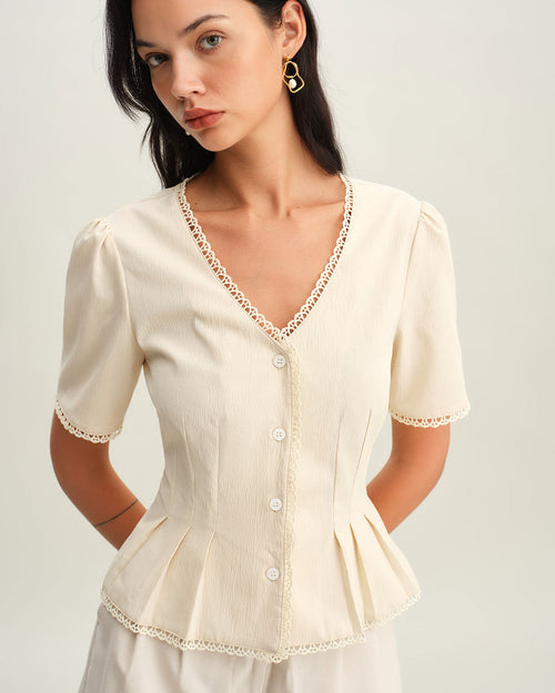 Beige Pleated Button-Up Blouse with V-Neck