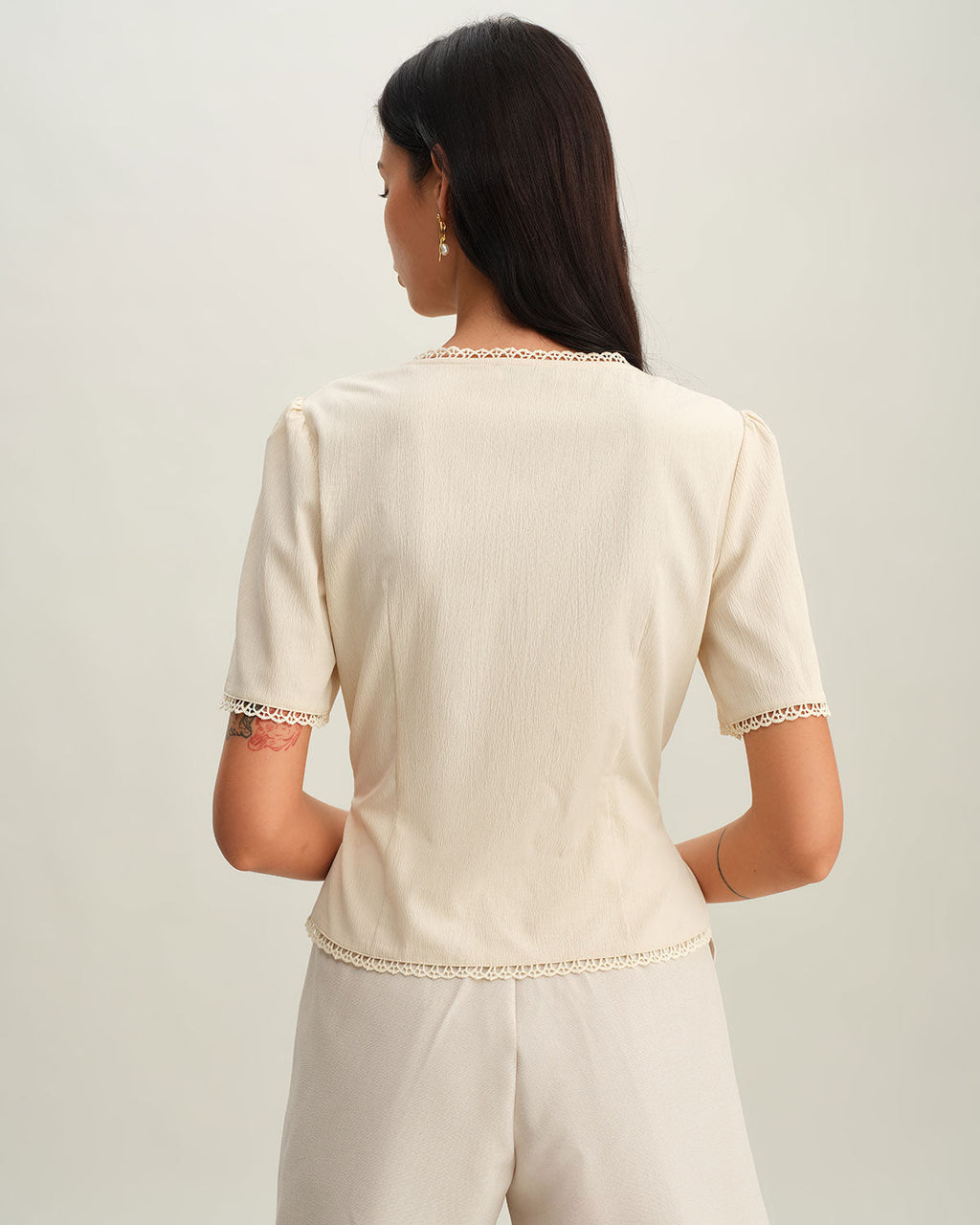 Beige Pleated Button-Up Blouse with V-Neck