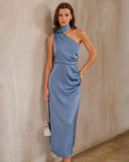 Blue Satin A-Line Maxi Dress with One Shoulder Design