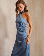 Blue Satin A-Line Maxi Dress with One Shoulder Design