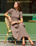 Coffee Checkered Midi Dress with Shirred Puffed Sleeves