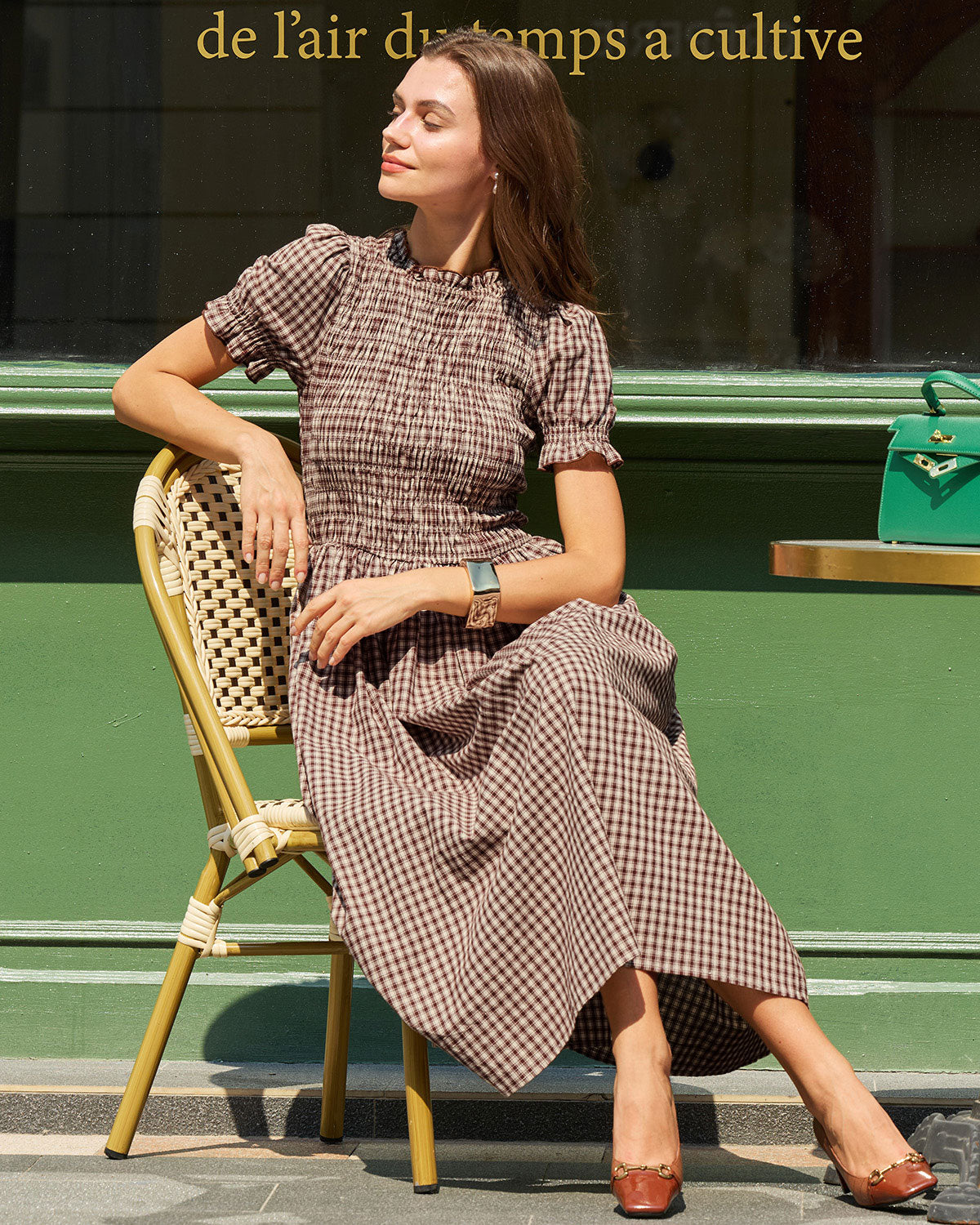 Coffee Checkered Midi Dress with Shirred Puffed Sleeves