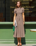 Coffee Checkered Midi Dress with Shirred Puffed Sleeves