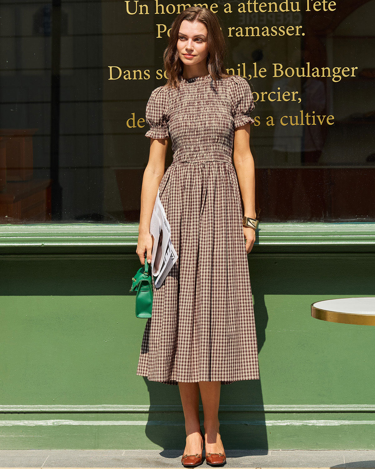 Coffee Checkered Midi Dress with Shirred Puffed Sleeves