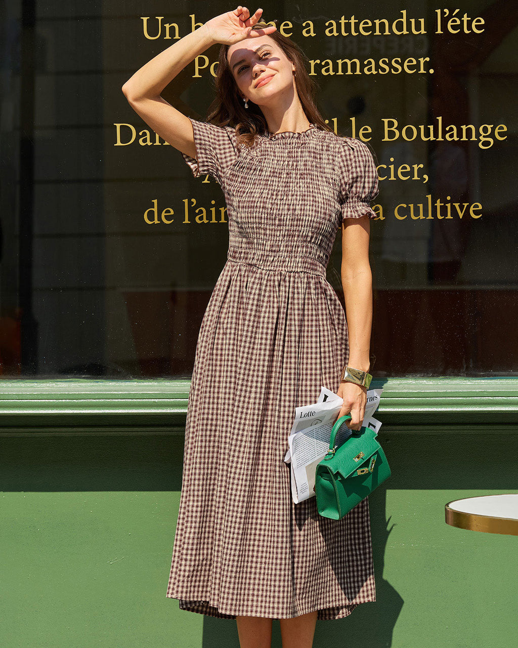 Coffee Checkered Midi Dress with Shirred Puffed Sleeves