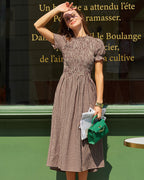 Coffee Checkered Midi Dress with Shirred Puffed Sleeves