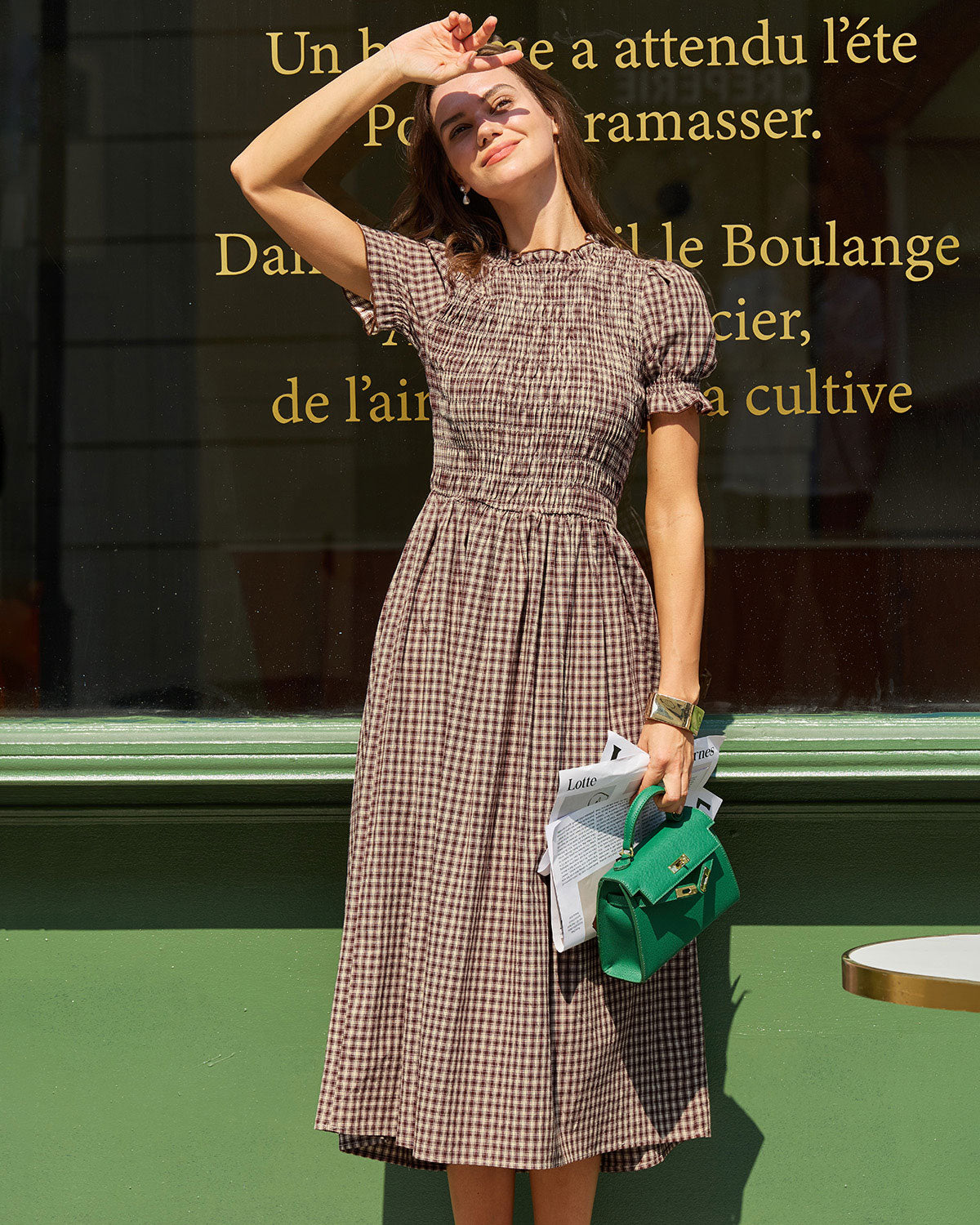 Coffee Checkered Midi Dress with Shirred Puffed Sleeves