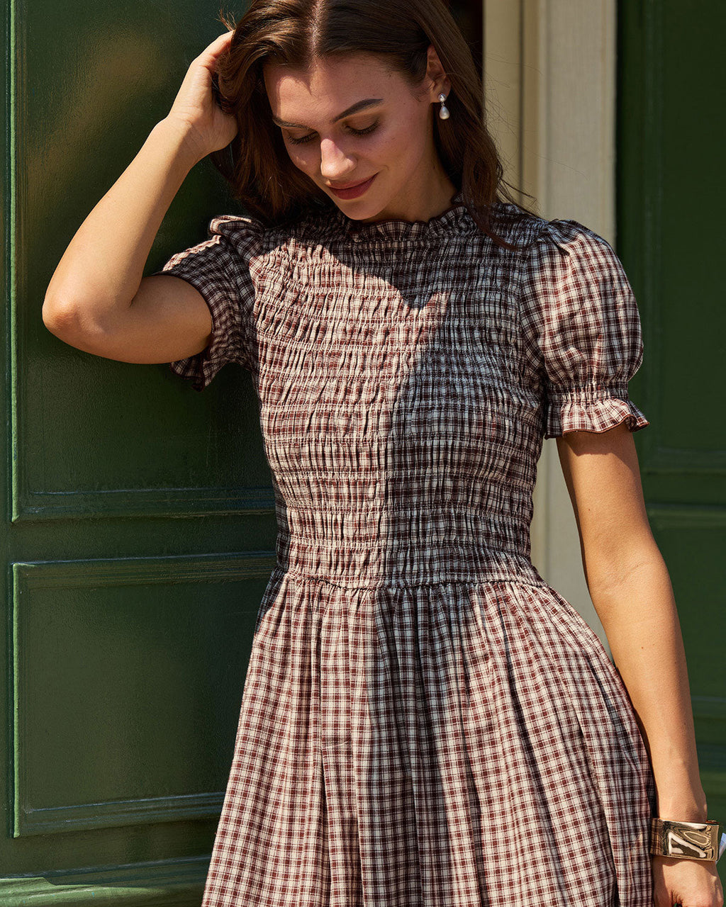 Coffee Checkered Midi Dress with Shirred Puffed Sleeves