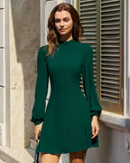 Green Sheer Mini Dress with Stand Collar and Slit