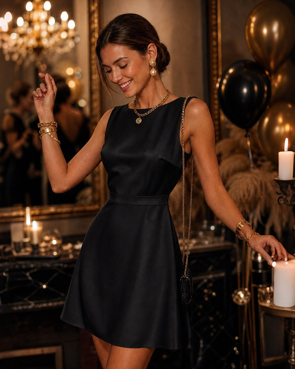 Black A-Line Mini Dress with Boat Neck and Pearl Accents
