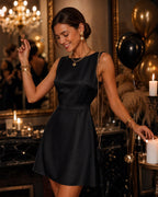 Black A-Line Mini Dress with Boat Neck and Pearl Accents
