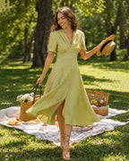 Green V-Neck A-Line Midi Dress with Buttons