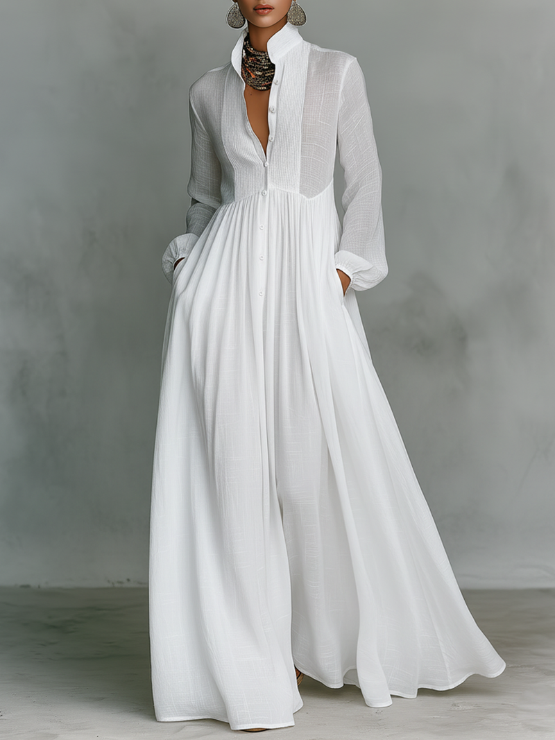 Patchwork Leinen Maxi Kleid Stehkragen